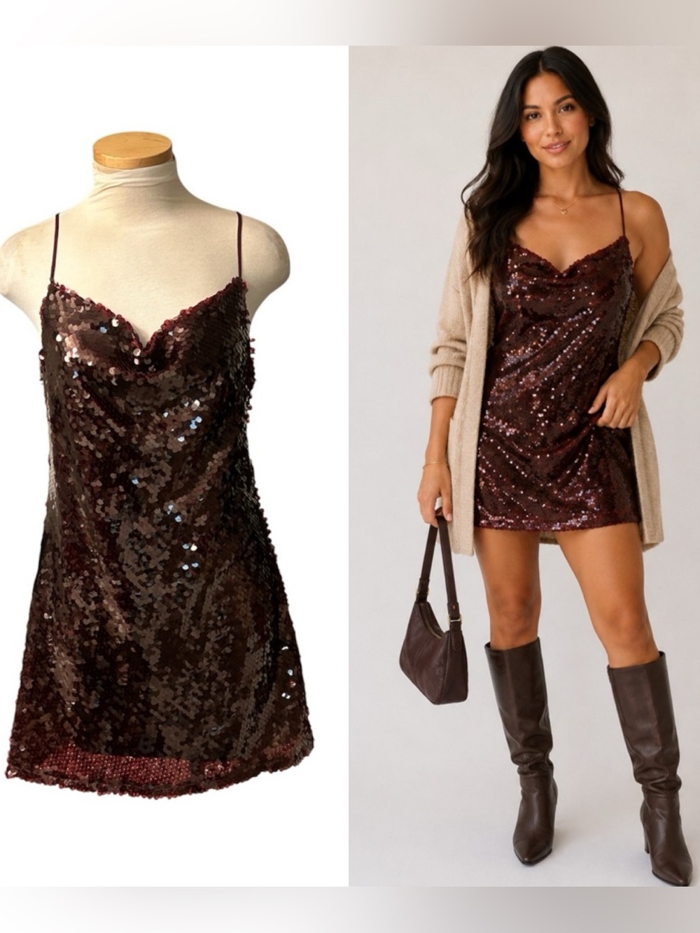 Astr Burgundy Sequin Chemise with Cowl Neck Dress Size Medium NEW